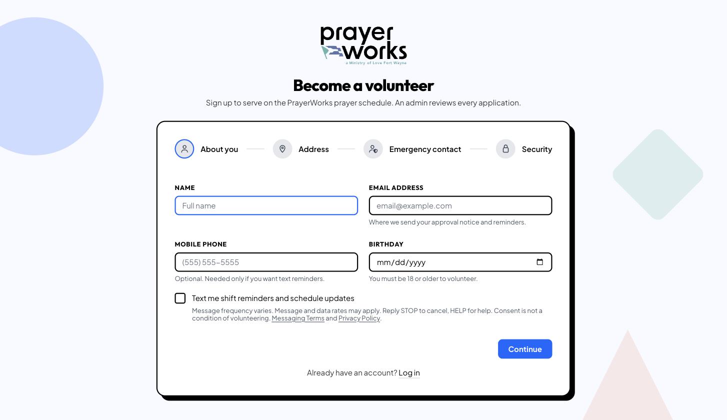The volunteer sign-up form, showing an unticked checkbox labelled "Text me shift reminders and schedule updates" beneath the mobile phone field, with the message-frequency and opt-out disclosure below it.